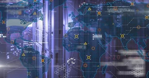 Projecting world map overlay with network nodes and code snippets over server 写真素材