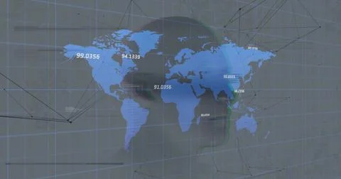 Projecting world map on translucent display showing blue continents, latlon Stock Illustration