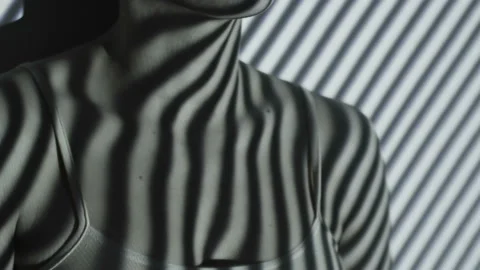 Projection of black and white lines on girl’s face. Red lips. Stockbeeldmateriaal 104265148