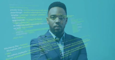 Projection cue sending faint code blocks drifting over man standing with crossed Stock Footage 333833491