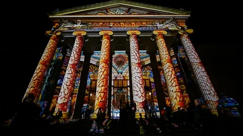 Projection mapping are seen on buildings during Spotlight Festival 스톡 동영상 126652864