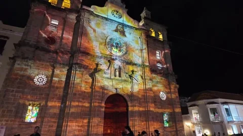 Projection Mapping Light Art on San Pedro Claver Church Facade at Night in Stock Footage 340857685
