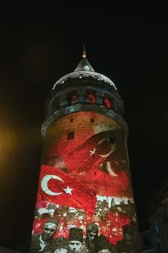 Projection Mapping Show on Galata Tower. Galata Tower video mapping at night Foto stock