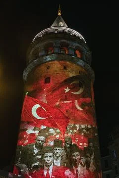 Projection Mapping Show on Galata Tower. Galata Tower video mapping at night Foto stock