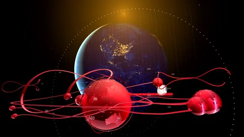 Projection of a new planet on the background of Earth. Futuristic model Stock Footage 132934306