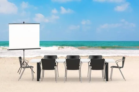 Projection Screen, Table and Chairs as Office Concept on an Ocean or Sea Su.. Illustrazione stock