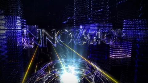 Projection of the slowly appearing text with the word Innovation. Data stream. Stock Footage 147329332