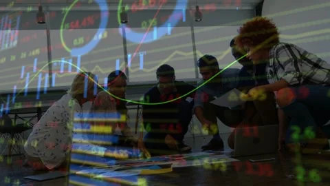 Projector activating, team kneeling, sorting sheets and analyzing candlestick Stock Footage 333837238