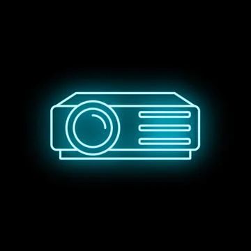 Projector icon emitting blue neon light on black background Stock Illustration