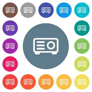 Projector outline flat white icons on round color backgrounds Stock Illustration