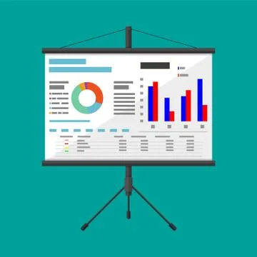 Projector screen with business presentation Illustrazione stock