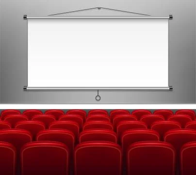 Projector screen with red seats for presentation. White empty Display for Stock Illustration