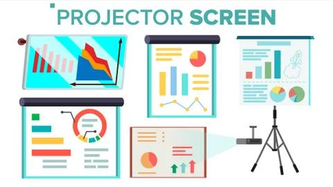 Projector Screen Set . Presentation With Graph. Whiteboard. Seminar, Lecture Stock Illustration