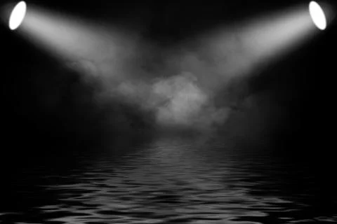 Projector spotlight with reflection in water. Isolated on black background. Stock Illustration