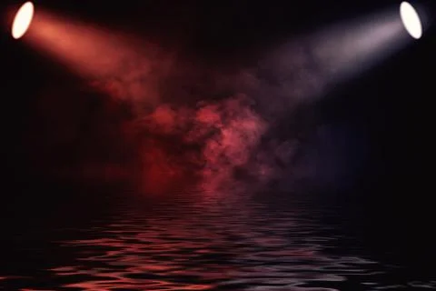 Projector spotlight with reflection in water. Isolated on black background. Stock Illustration