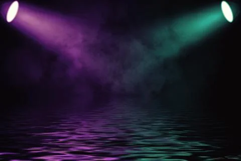 Projector spotlight with reflection in water. Isolated on black background. Stock Illustration