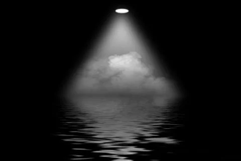 Projector spotlight with reflection in water. Isolated on black background. Stock Illustration