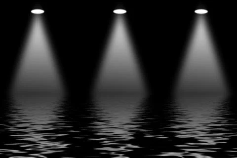 Projector spotlight with reflection in water. Isolated on black background. Stock Illustration