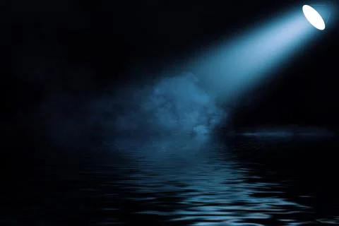 Projector spotlight with reflection in water. Isolated on black background. Stock Illustration