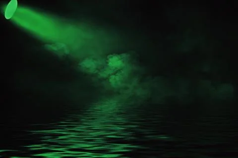 Projector spotlight with reflection in water. Isolated on black background. Illustrazione stock