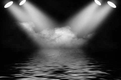 Projector spotlight with reflection in water. Isolated on black background. Stock Illustration