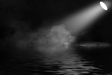 Projector spotlight with reflection in water. Isolated on black background. Stock Illustration