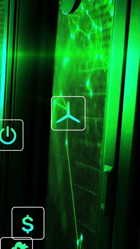 Projector starting green laser network while mesh panel showing nodes and icons Stock Footage 332845591