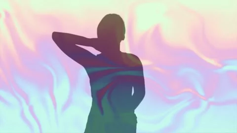 Projector turning on as model holding pose while pastel waves sliding over Stock Footage 329785860