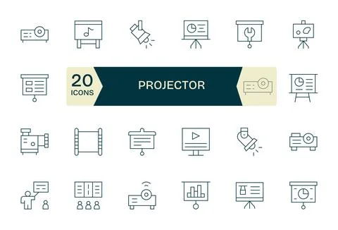 Projector Vector Icon Library with 24 Thin Line 128x128 Grid Fitted Designs Stock Illustration