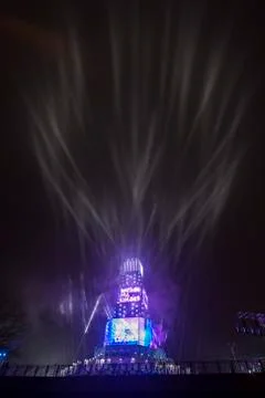 Projectors and lasers show of the tower in Plovdiv, Bulgaria Stock Photos