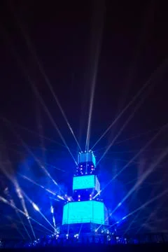 Projectors and lasers show of the tower in Plovdiv, Bulgaria Stock Photos