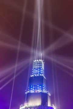 Projectors and lasers show of the tower in Plovdiv, Bulgaria Stock Photos