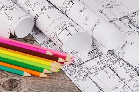 Projects of houses on the background Stock Photos