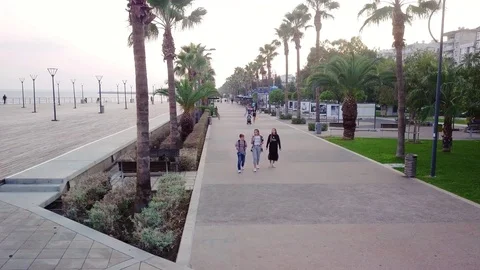 The promenade in Limassol, Nov, evening, video from the drone, 4K Stock Footage