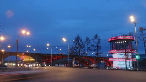 Promenade with view of the bridge at sunset, time lapse Stock Footage 104465875