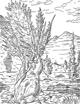 Prometheus Tree and Wheeler Peak in Great Basin National Park Nevada Woodcut  Stock Illustration
