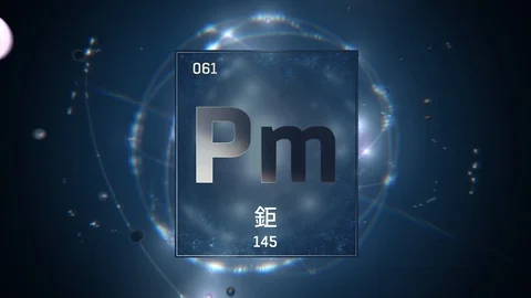 Promethium as Element 61 of the Periodic Table 3D animation on blue background Video stock 126455859