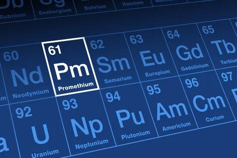 Promethium on periodic table of the elements, with element symbol Pm Stock Illustration