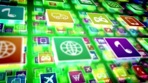 A prominent 3d rendering of salient big and small mobile application icons on Stock Illustration