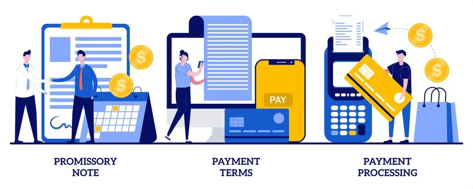 Promissory note, payment terms, payment processing concept with tiny people.. Stock Illustration