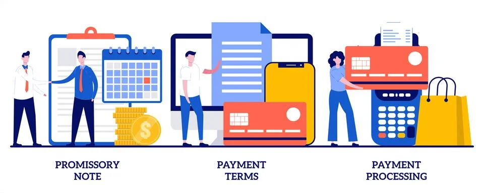 Promissory note, payment terms, payment processing concept with tiny people.. Stock Illustration