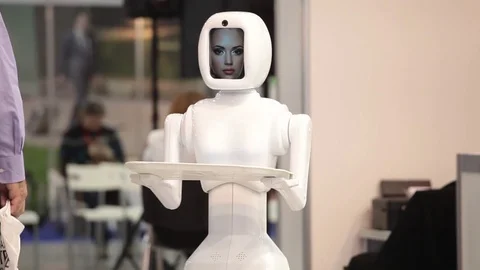 Promo robot on the exhibition Stock Footage 80895155