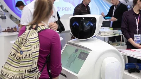 Promo robot on the exhibition Stock Footage 80897894