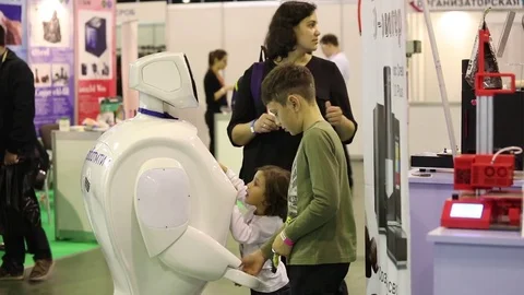 Promo robot on the exhibition Stock Footage 82669291