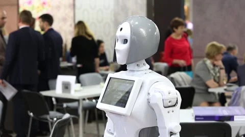 Promo robot on the exhibition Stock Footage 88432759