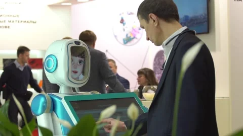 Promo robot on the exhibition Stock Footage 88561216