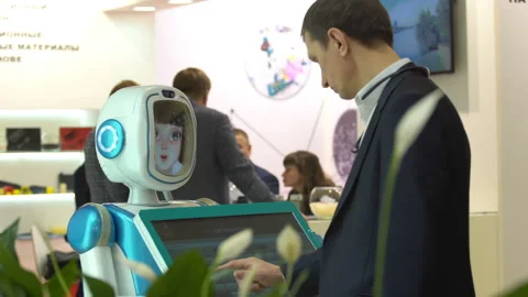 Promo robot on the exhibition Stock Footage 88680871
