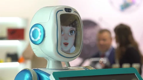 Promo robot on the exhibition Stock Footage 88691659