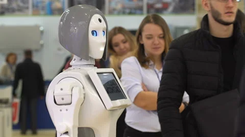 Promo robot on the exhibition Stock Footage 88692817