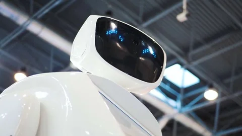 Promo robot for work at exhibitions. Robot guide. Modern technologies in Stock Footage 81746909